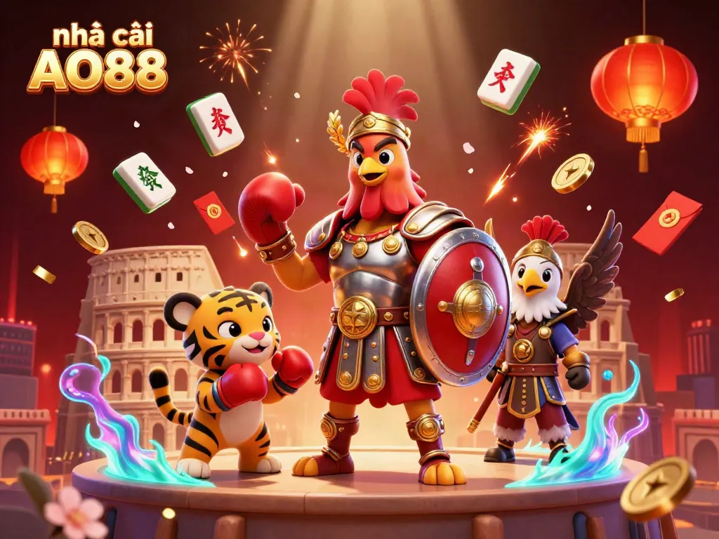 Engage with Nhà cái AO88 through vibrant 3D casino-themed illustration showcasing iconic gambling elements.