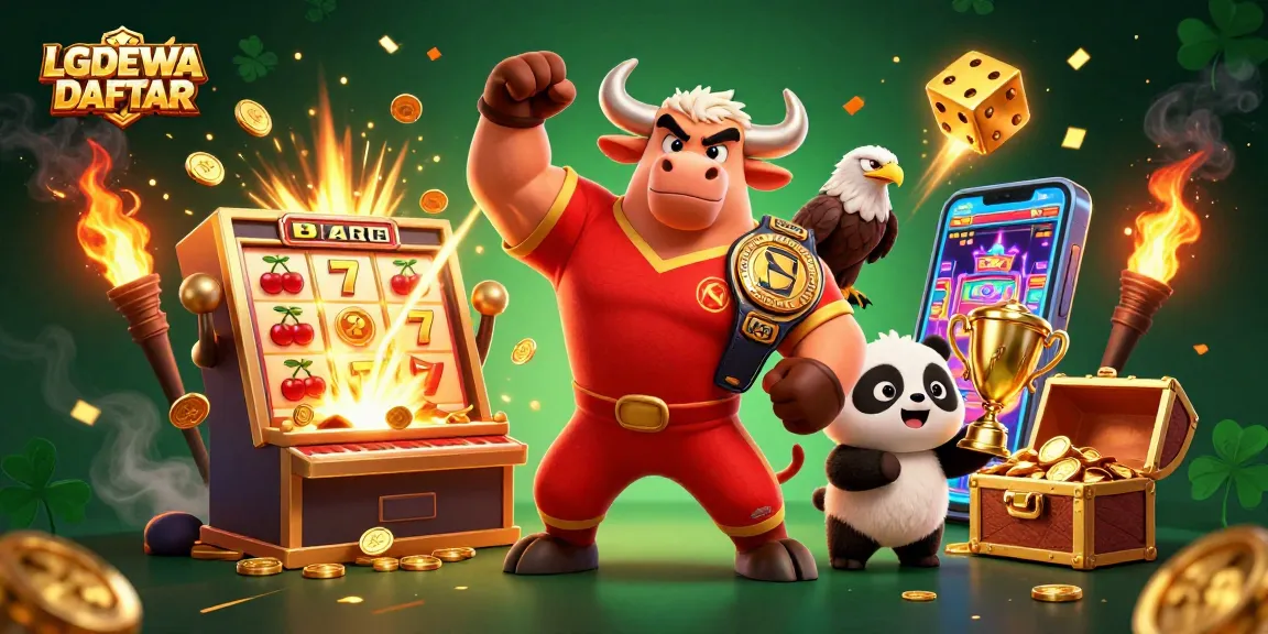 Engage with LGODEWA DAFTAR's exciting online slots featuring a bull mascot, eagle, and panda.
