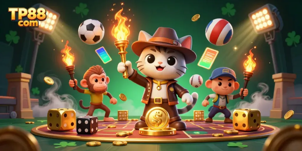 Engage with TP88 com's thrilling casino experience featuring dynamic characters and elements.