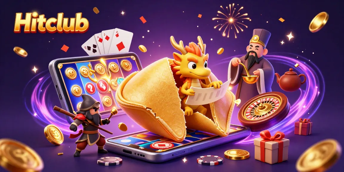 Hitclub offers thrilling games with a vibrant scene filled with fortune cookies and gold.