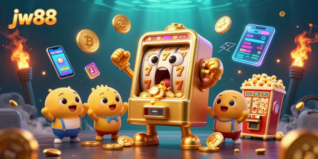 Experience excitement with jw88's golden slot machine winning big in a vibrant casino scene.