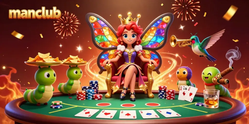 Engage in thrilling casino action with manclub's vibrant butterfly queen and poker elements.