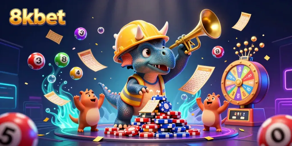 Engage with vibrant 8xbet casino fun in a dynamic triceratops and celebratory scene.
