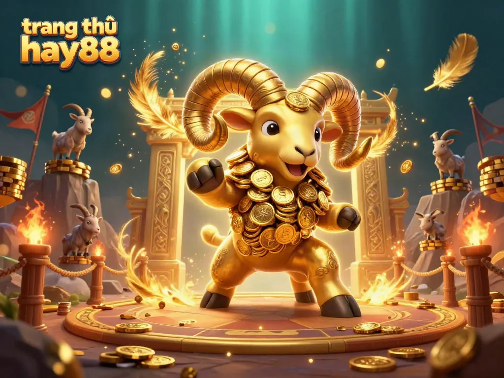 Engage with the vibrant world of trang chủ hay88 featuring a golden ram charging through a gaming arena filled with gold coins.