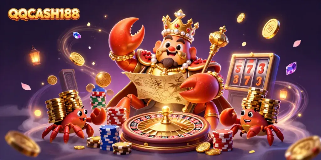Experience the excitement of QQCASH188 with a vibrant casino scene featuring a crab emperor and treasures.