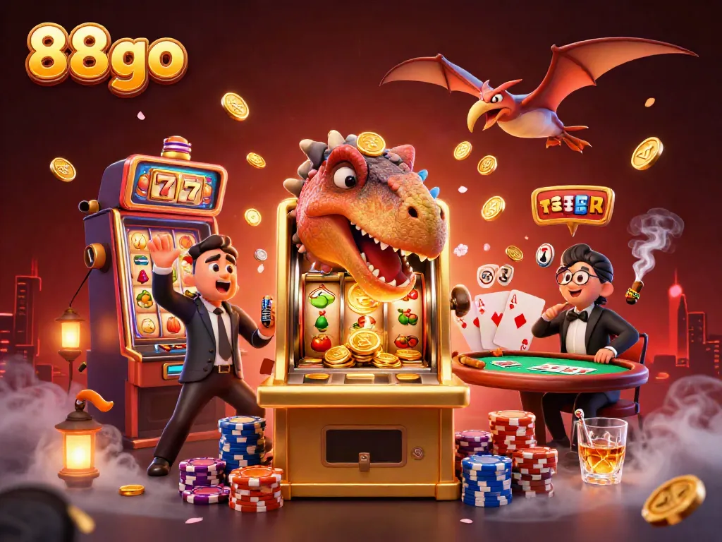 88go jackpot scene with characters celebrating a slot machine payout featuring vibrant casino elements.
