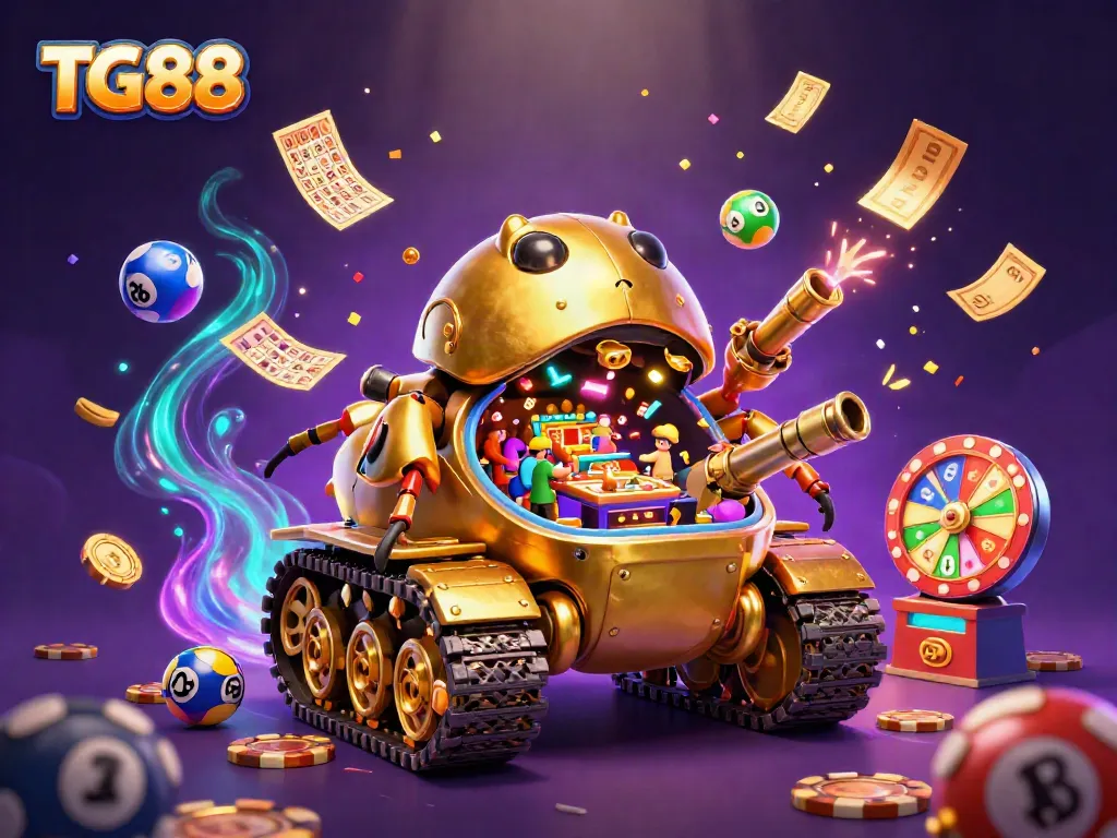 Experience the excitement of TG88 with a vibrant casino inside a golden beetle tank, showcasing lottery elements and confetti.