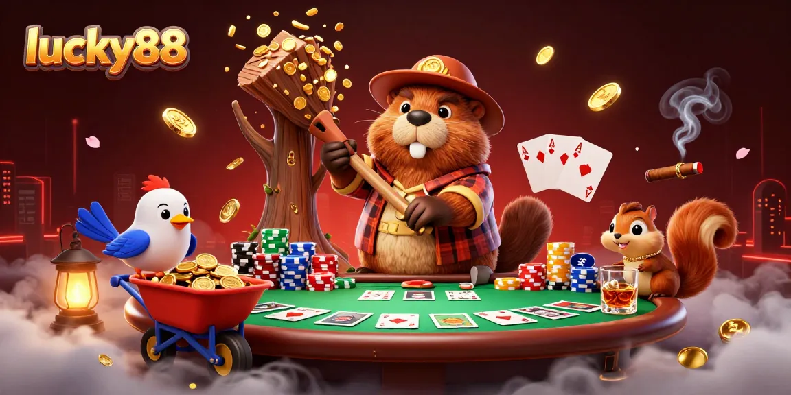 Win with lucky88: Animated beaver, bird, and squirrel in a vibrant casino scene.