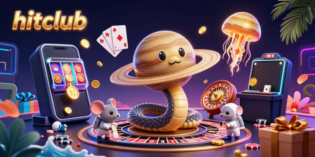 Engaging hitclub casino scene with a playful Saturn ring snake and astronaut mice gambling amidst vibrant gaming elements.
