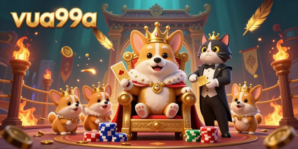 Engage in thrilling gameplay at vua99a with this vibrant scene featuring royal corgi royalty and dynamic casino elements.