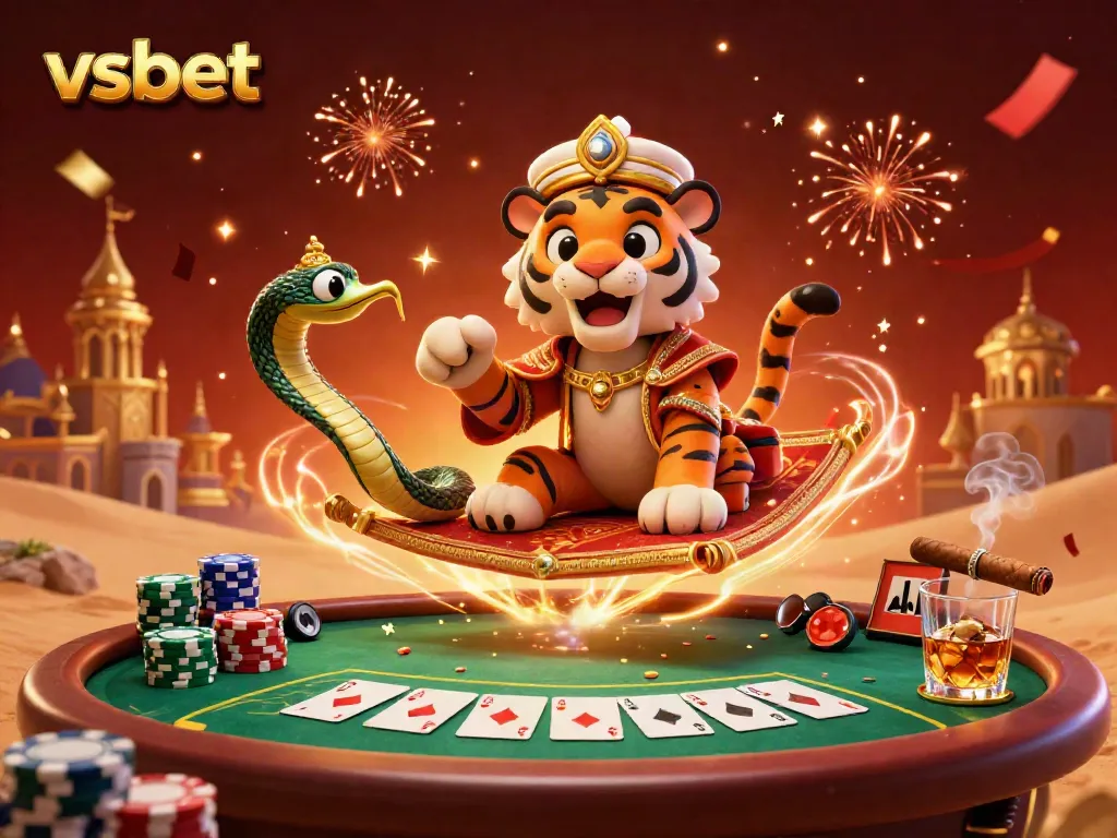 Engage with vibrant gambling action as the vsbet tiger sultan triumphs on a magic carpet surrounded by chips and cards.