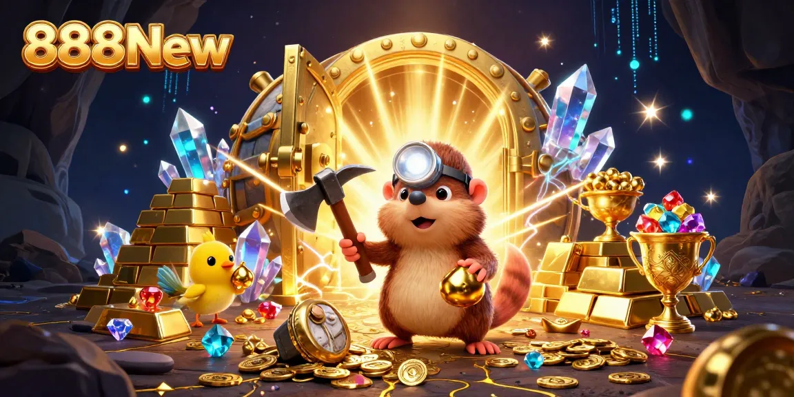 Win big at 888New as the treasure hunter celebrates in a vibrant casino scene filled with dazzling riches.
