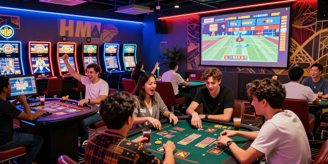 Dynamic online gaming event at hm88 with diverse players enjoying their wins in a vibrant casino atmosphere