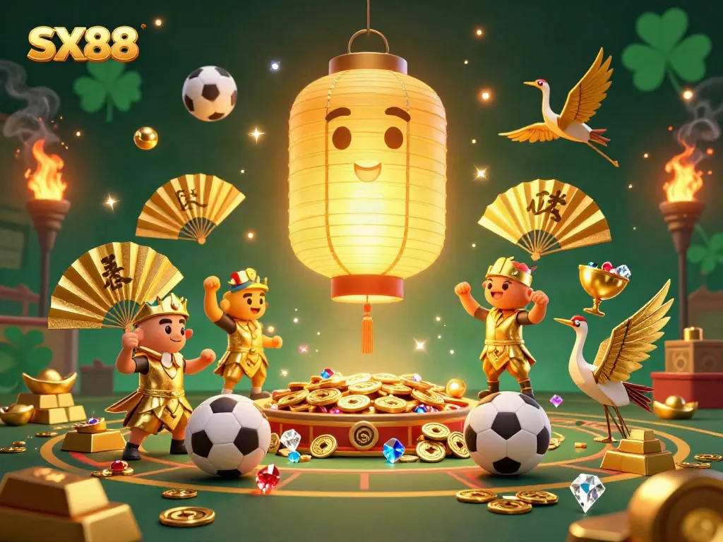 SX88's carnival of sports betting with lucky symbols and gold-filled treasures enhances the vibrant gambling celebration.