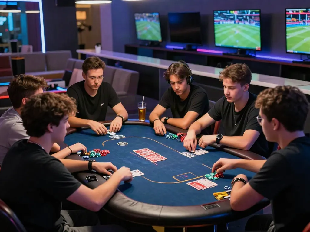 Exciting manclub gaming scene with friends engaged in poker, vibrant atmosphere.