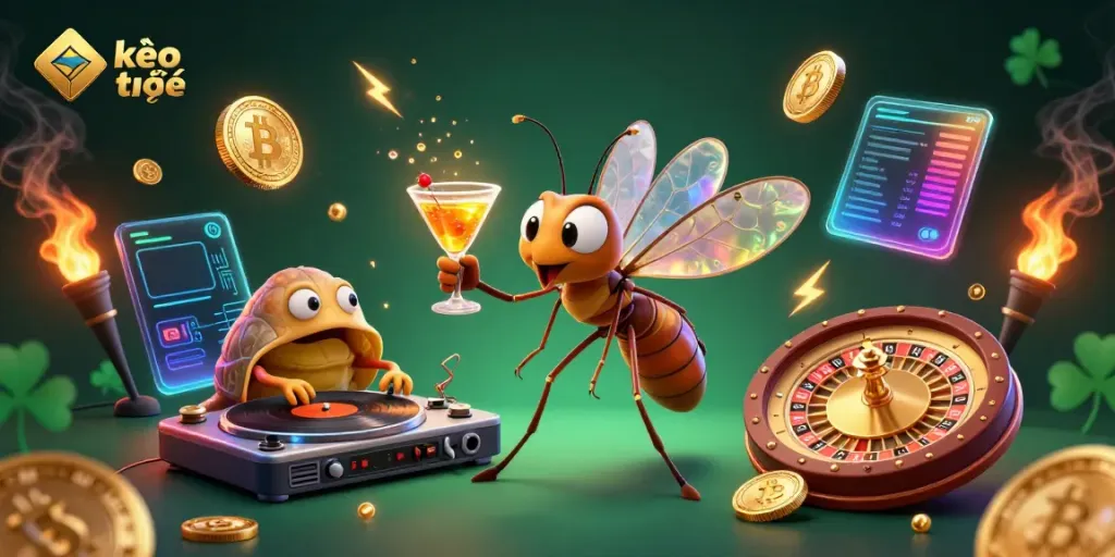 Engage with kèo trực tuyến action through a vivid 3D illustration of a casino mascot and DJ.