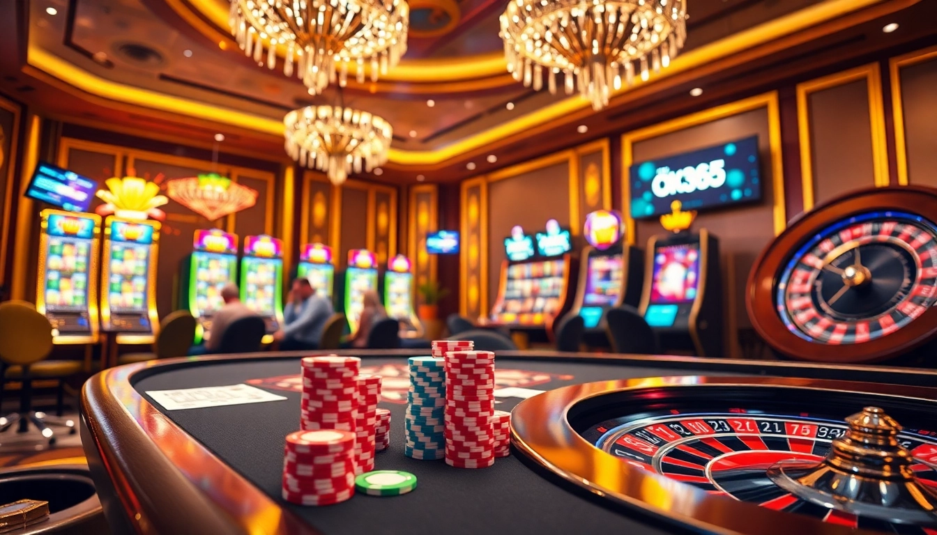 Intense poker game scene showcasing OK365 ambiance with colorful chips and luxurious casino elements.