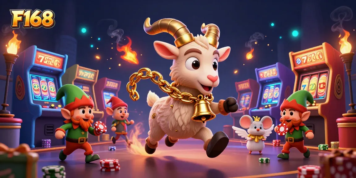 Experience the thrill of F168 with festive characters and vibrant casino elements in an immersive 3D scene.