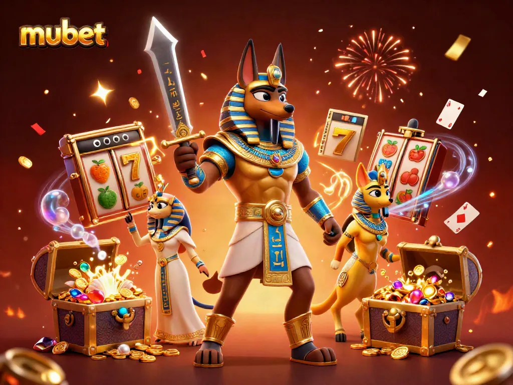 Mubet showcases an Egyptian-themed casino adventure with Anubis and Bastet surrounded by slot game icons and festive decorations.