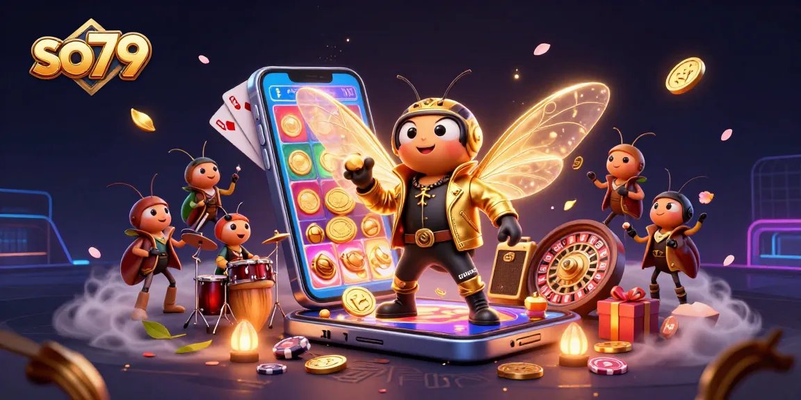 Engage in exciting casino thrills with so79, featuring a rock star cicada and dynamic gambling elements.