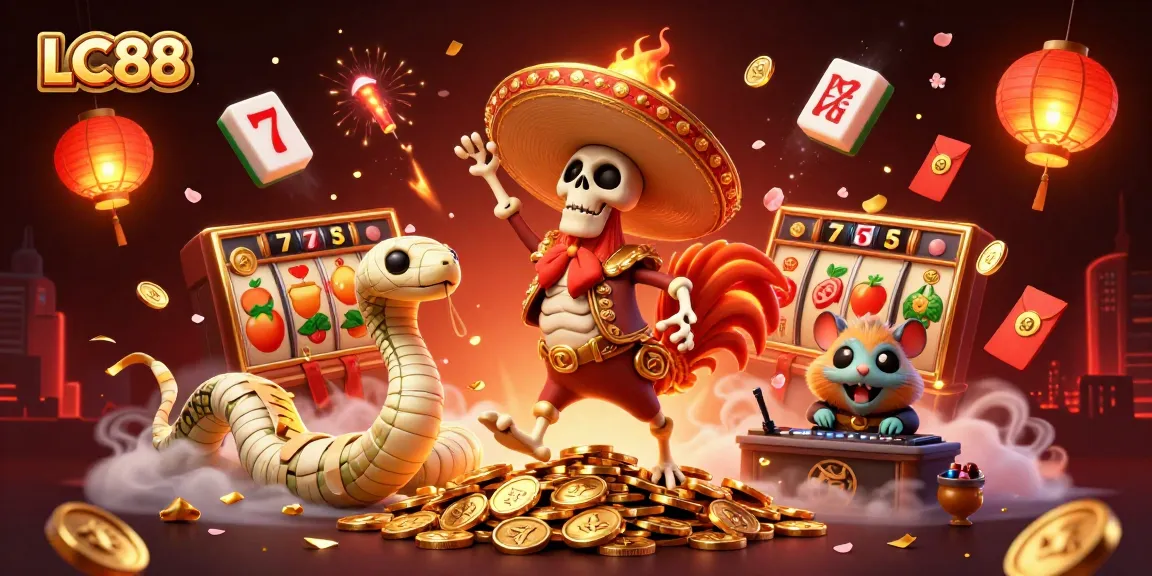 Experience exhilarating gaming at LC88 with a joyous mariachis, mummy, and DJ scene amidst vibrant casino elements.