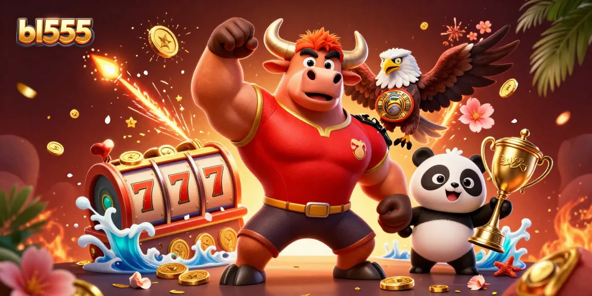 Experience thrilling wins at bl555 with a vibrant 3D illustration featuring casino mascots and slot elements.