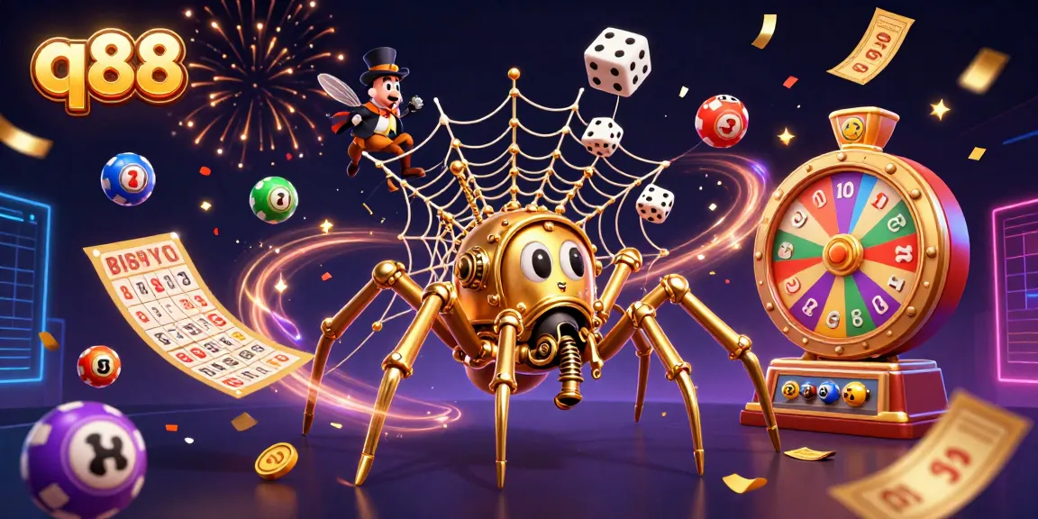 Spin the jackpot with q88 in a dynamic 3D casino-themed illustration!