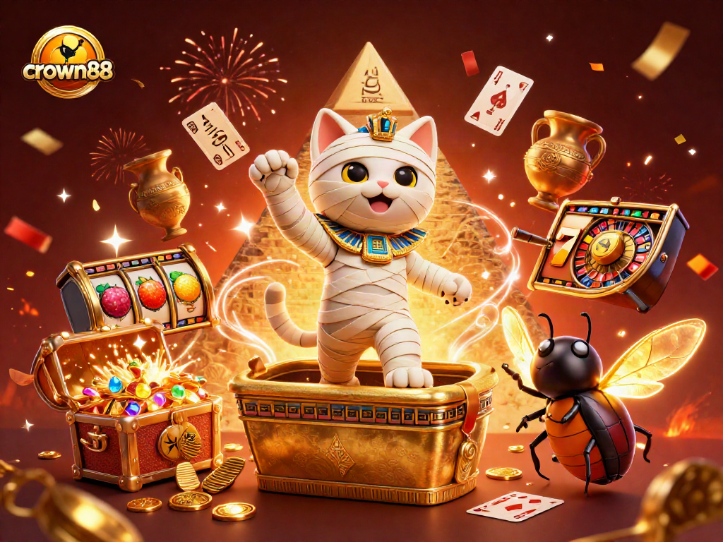 Experience the excitement of online gaming with crown88, featuring dynamic scenes of a mummy cat and treasures in a casino.