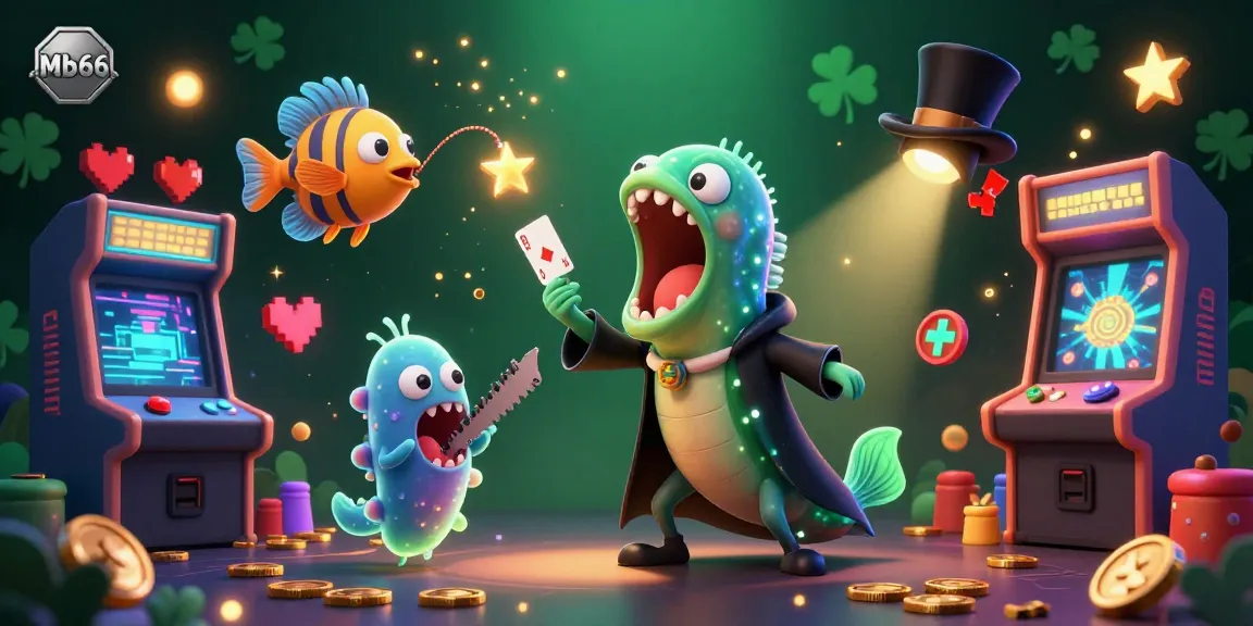 Experience the thrilling card tricks in Mb66's vibrant casino world with lively characters and gaming excitement.