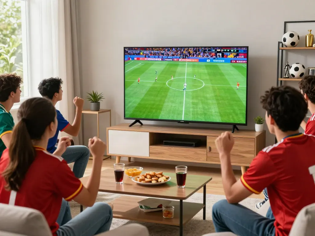 Engaged fans watching live football on https://cakhiatv.team/ with jerseys, snacks, and cheerful atmosphere.
