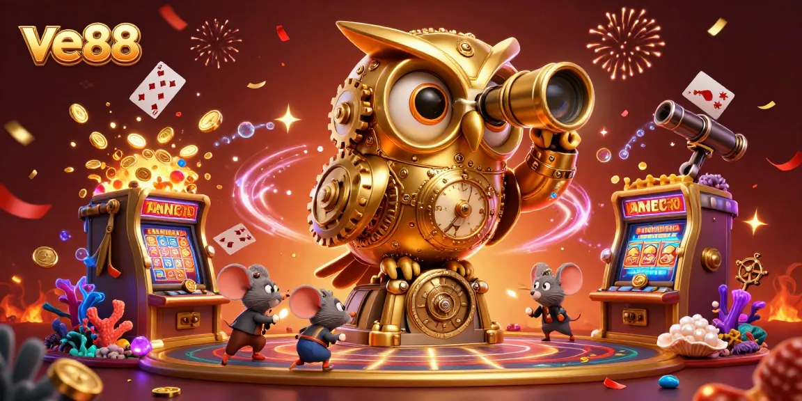 Experience the excitement of winning at ve88 with vibrant casino elements and cartoon characters.