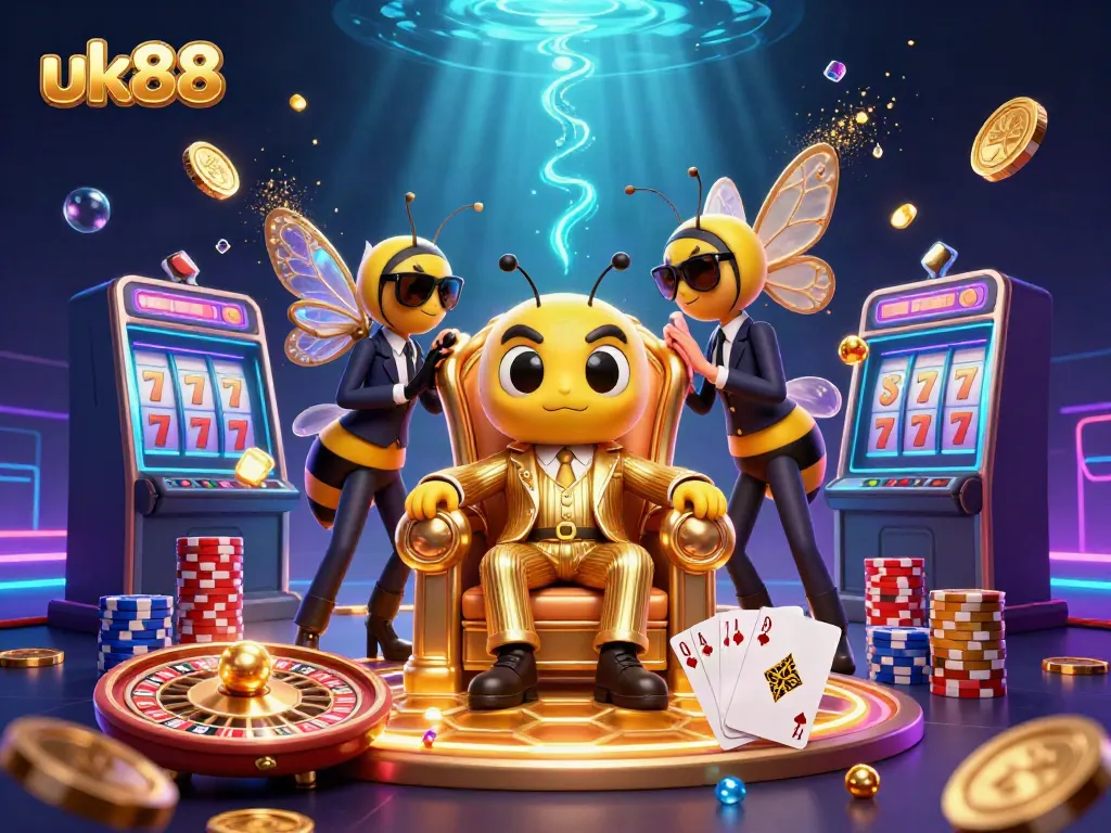 Experience the thrill of uk88 gaming with a vibrant 3D scene of a bumblebee mob boss in a dynamic casino setting.