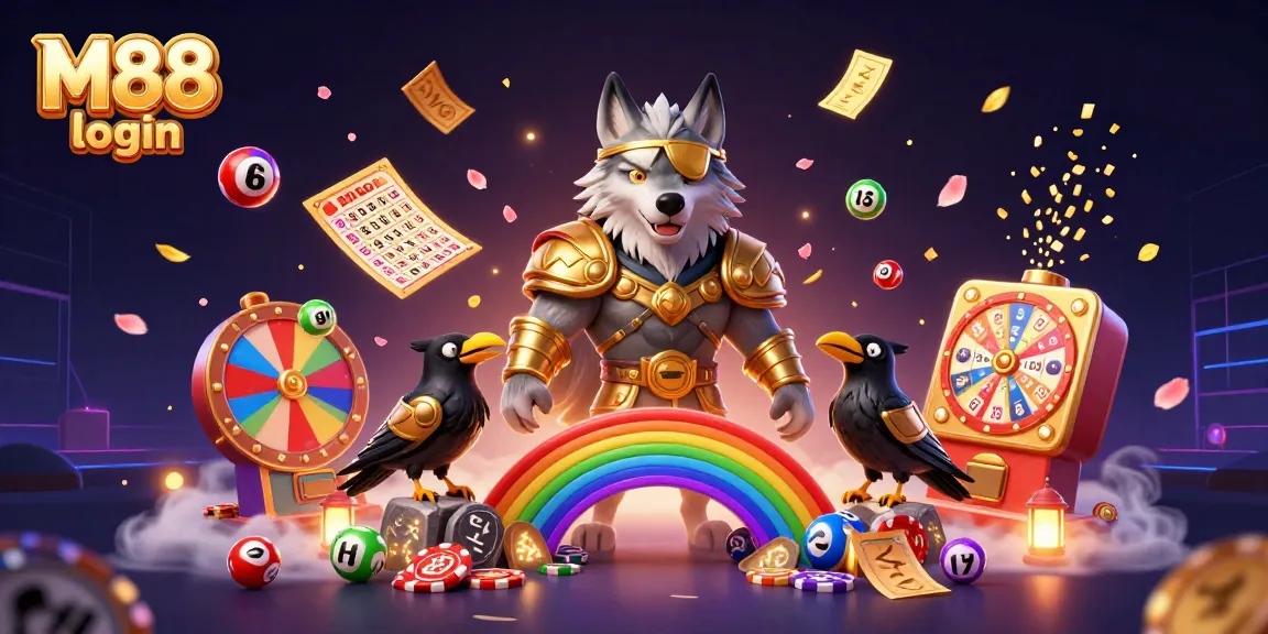 M88 login visualizes an exciting online gaming experience with vibrant lottery balls and promotions.
