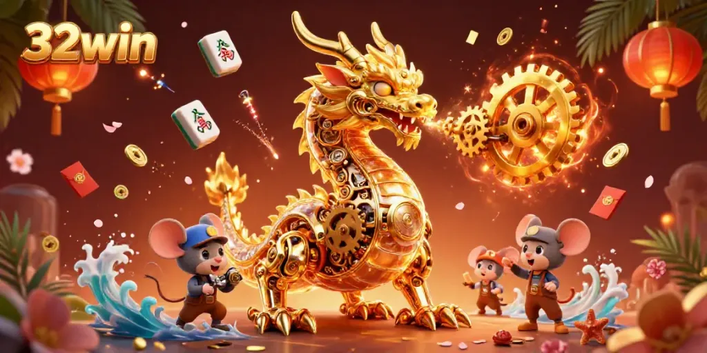 Experience thrilling gameplay with 32win's dynamic casino scene featuring a mechanical dragon and vibrant game elements.