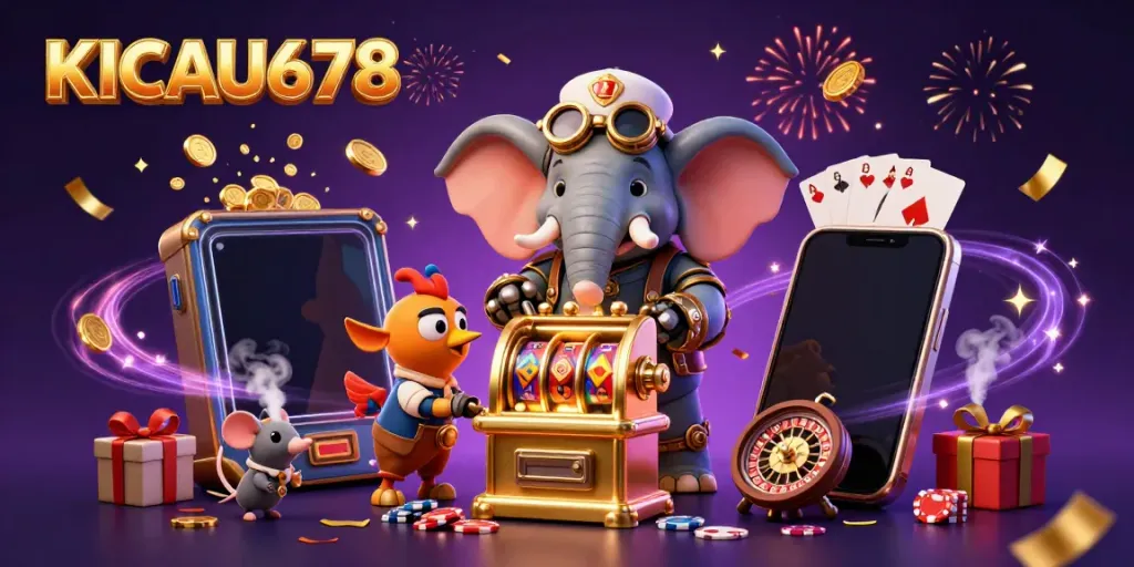 KICAU678 offers a vibrant scene with a steampunk elephant operating a golden slot machine amidst flying coins and casino elements.