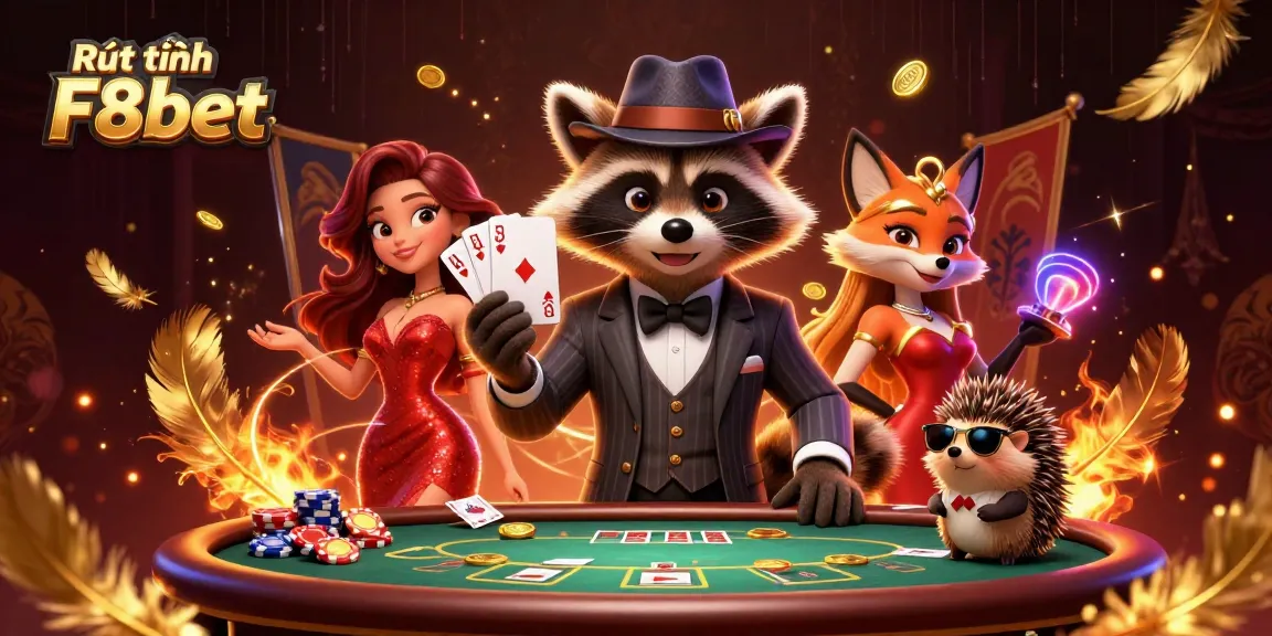 Experience the excitement of Rút tiền F8bet with playful characters and gambling elements in a vibrant scene.