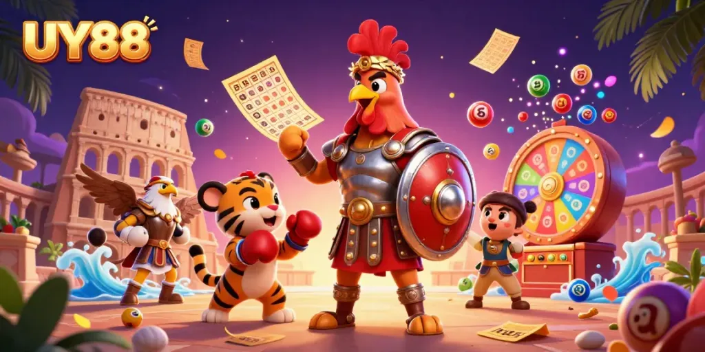Experience UY88 with dynamic colorful gaming elements surrounding a gladiator rooster and sparring cub.