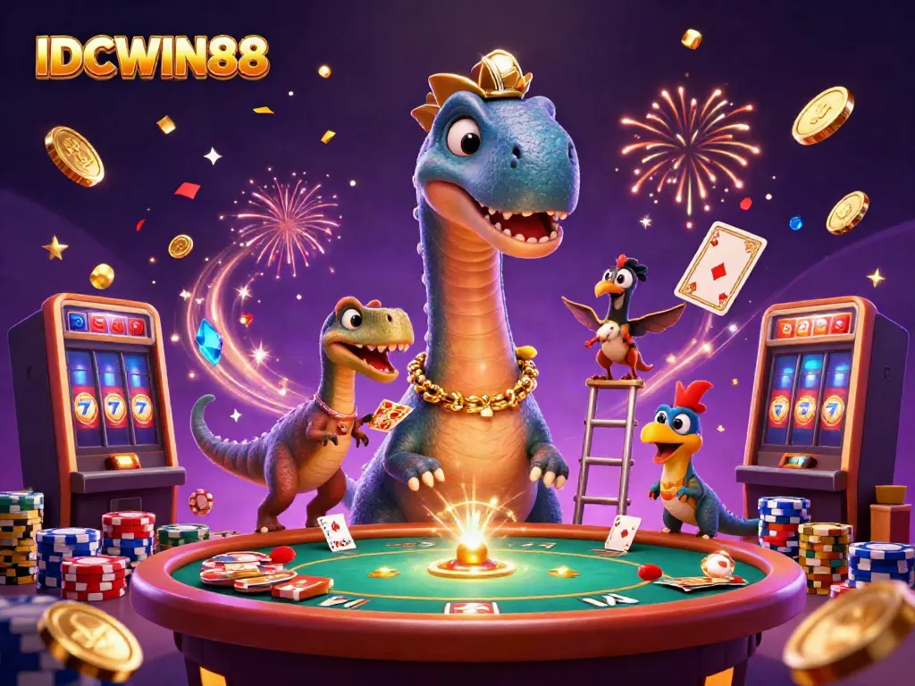 Experience thrilling fun at IDCWIN88 illustrated with a giant brontosaurus and poker action.