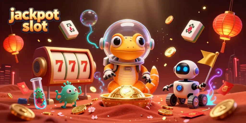 Spin the jackpot slot reels in a vibrant Martian casino scene filled with gold and excitement!