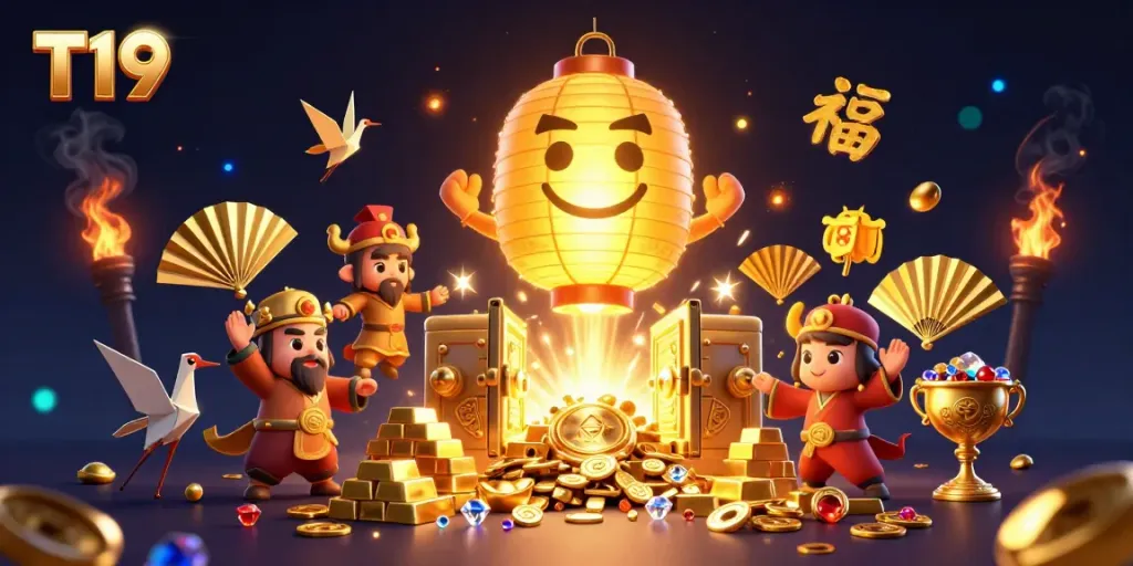 Experience thrilling gameplay at T19 with a vibrant casino atmosphere bustling with golden characters and treasures.