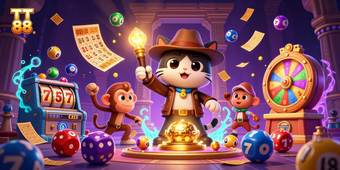 Engage with TT 88 in an adventurous casino scene filled with vibrant lottery balls and golden treasures.