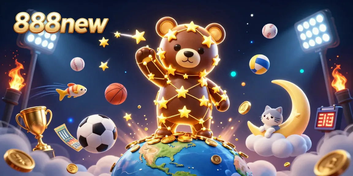 Experience thrilling action with 888new as the golden constellation bear scoops coins surrounded by vibrant sports elements.