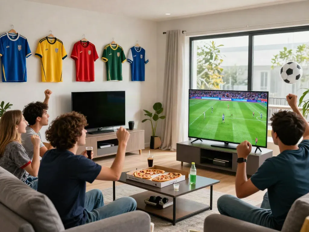 Fans celebrating while watching soccer on https://socolivekz.uk in a lively living room.