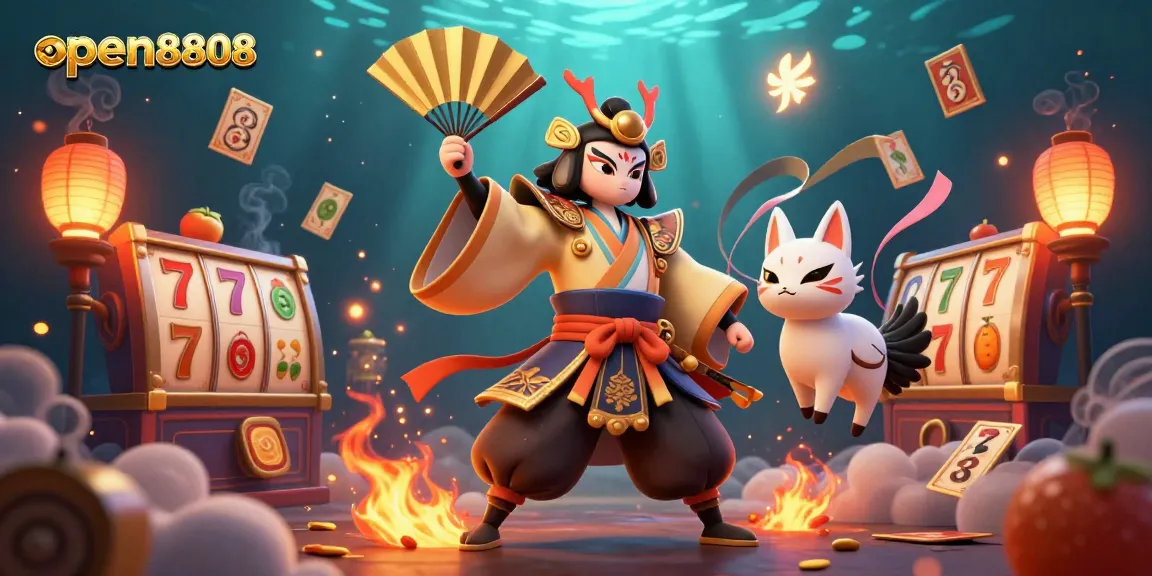 Engage with thrill at open8808 showcasing a kabuki warrior amidst vibrant slots and jackpot symbols.