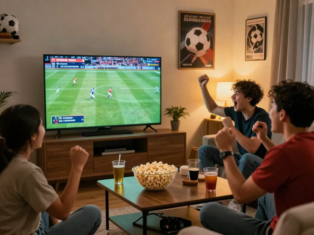 Excited fans enjoying a thrilling football match on https://thapcamtvlive.live/ in a cozy living room setting.