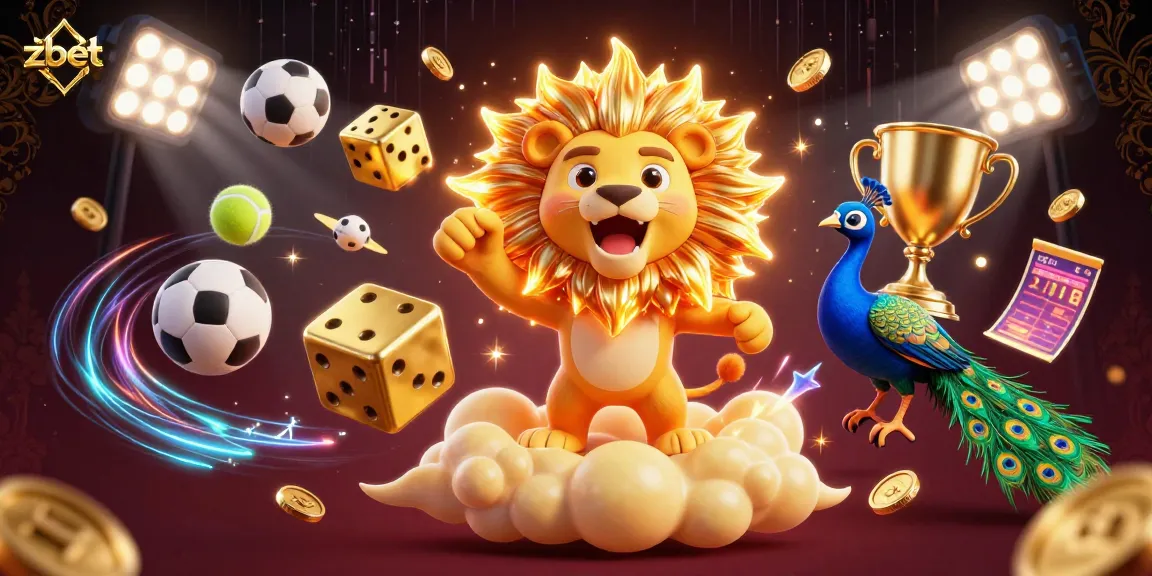 Engage with zbet's dynamic betting experience featuring a roaring sun lion and vibrant sports elements.