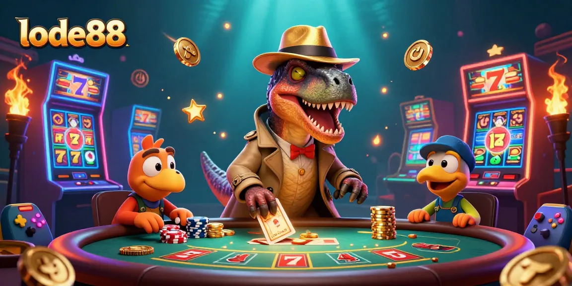 Engage with lode88's vibrant casino scene featuring a quirky dinosaur card counter amidst slot machines.