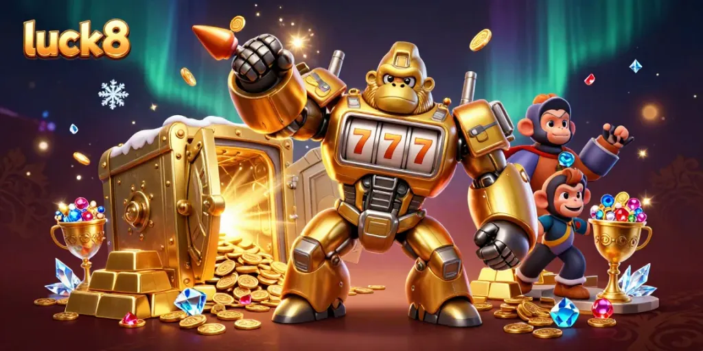 Engage in thrilling slot action with the luck8 golden gorilla mech surrounded by treasure vaults and gems.