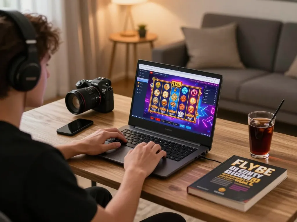 Engaging in fly88 đăng nhập through a stylish online gaming setup, showcasing vibrant slot game screen and cozy decor.