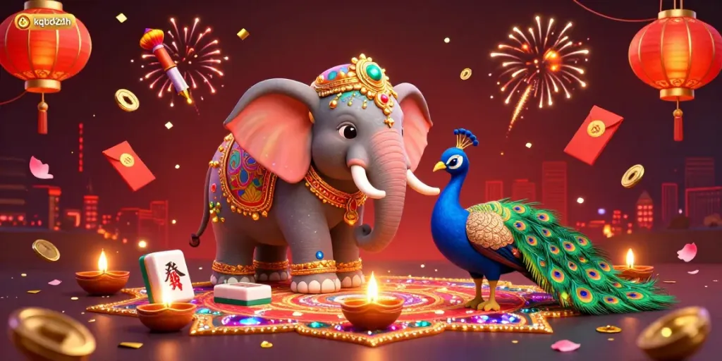 Engage with kqbd24h as a vibrant Diwali-themed elephant celebrates with exciting gambling elements like floating tiles and fireworks.